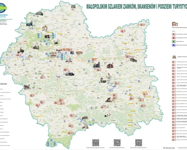 Mapa Małopolski z zaznaczonymi zamkami, skansenami i podziemiami turystycznymi. Odkryj bogactwo kulturowe regionu, podążając szlakiem skansenów.