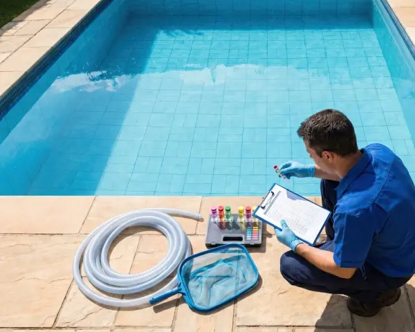 A man in blue checks pool water test tubes, preparing to shock the pool. Pool cleaning supplies are laid out.