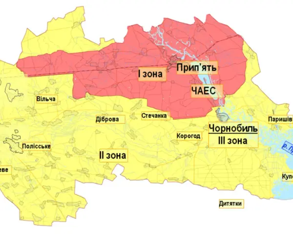 Mapa pokazująca strefy wokół Czarnobyla. Widać tu Prypeć, Czarnobylską Elektrownię Atomową i rzekę Prypeć.