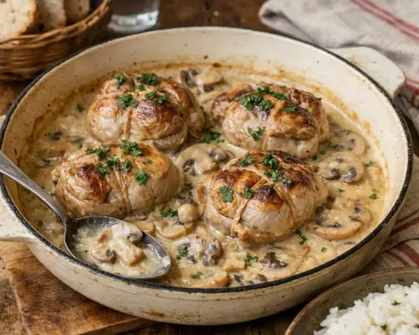 Quatre paupiettes de veau dorées, nappées d'une sauce crémeuse aux champignons, prêtes pour la cuisson.