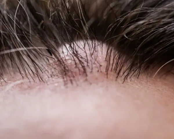 Primo piano della pelle con capelli scuri e una protuberanza sulla fronte, forse un brufolo o un piccolo neo.