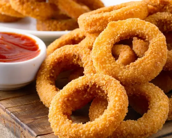 Aros de cebolla dorados y crujientes apilados junto a un tazón de salsa de tomate.