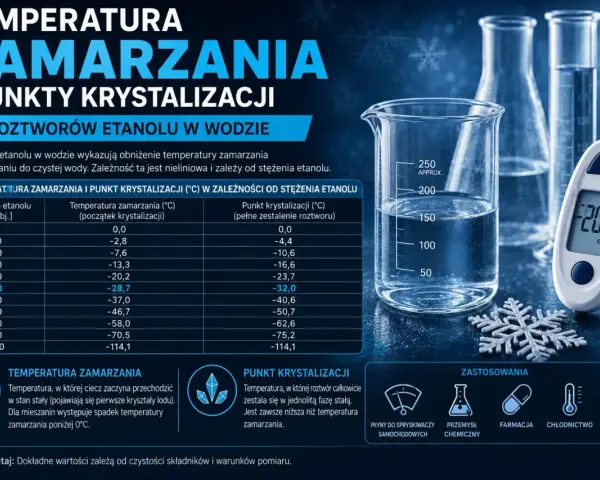 Tabela pokazuje zależność temperatury parowania alkoholu od jego stężenia w wodzie. Termometr wskazuje -20.5°C.