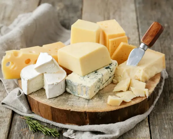 Różnorodne sery ostre gatunki: pleśniowy, żółty z dziurami, brie i parmezan, ułożone na drewnianej desce z gałązką rozmarynu.
