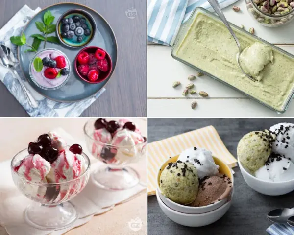 Vari gusti di gelato, tra cui pistacchio e frutti di bosco, perfetti con latte condensato.