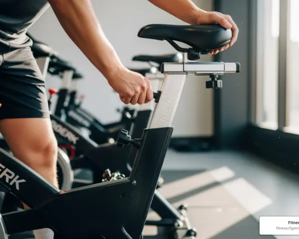 A person adjusts the seat on a spin bike, ready for an intense spin class.