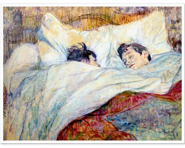 Dwie postacie śpiące w łóżku, uchwycone pędzlem henri de toulouse-lautrec. Widać ich twarze i kołdrę.