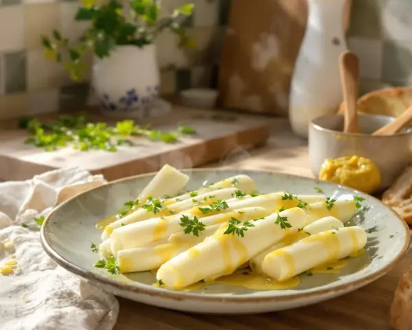 Poireaux vinaigrette, tendres et savoureux, arrosés d'une sauce dorée et parsemés de persil frais. Un délice simple et élégant.