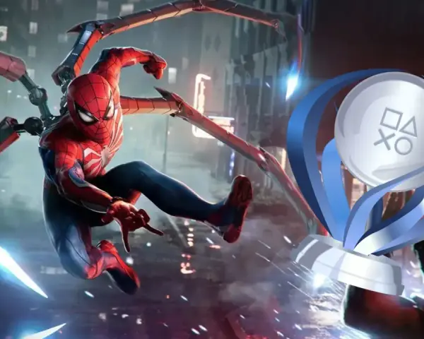 Spider-Man en acción, con sus tentáculos mecánicos desplegados, junto al trofeo platino de Spider-Man 2.