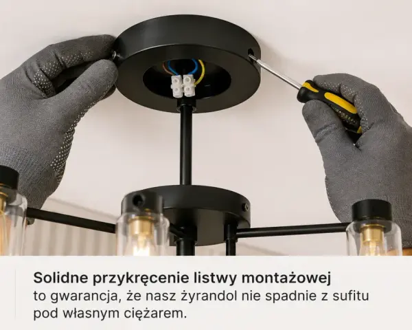 Ręce w rękawiczkach przykręcają śrubokrętem mocowanie żyrandola do sufitu.