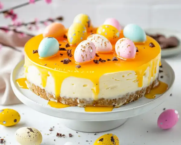 Påsk cheesecake med gul lemon curd-glasyr, dekorerad med färgglada påskägg och chokladbitar.