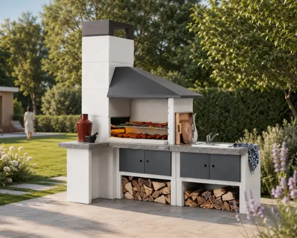 Una moderna zona barbecue in giardino, con camino, piano di lavoro, lavello e legna da ardere.
