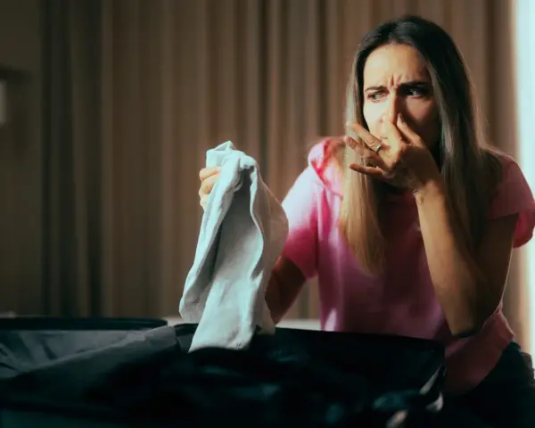 Kobieta w różowej bluzce zatyka nos, trzymając w ręku nieświeżą koszulkę. Jak odświeżyć garnitur bez prania?