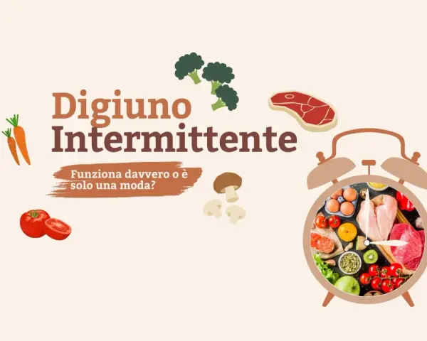 Digiuno intermittente: come funziona? Un orologio pieno di cibi sani, verdure e carne, con carote, broccoli e pomodori sparsi.