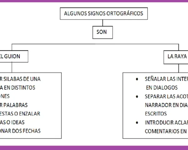 Diagrama sobre el guion y la raya, explicando sus usos: separar sílabas, palabras compuestas, fechas, intervenciones en diálogos y acotaciones.