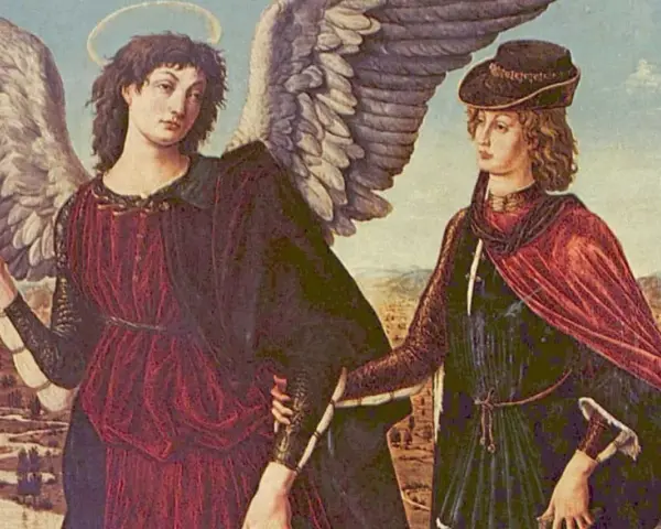 Św. Rafał Archanioł prowadzi młodzieńca. Obraz nawiązuje do litanii do św. Rafała Archanioła, patrona podróżnych i uzdrowicieli.