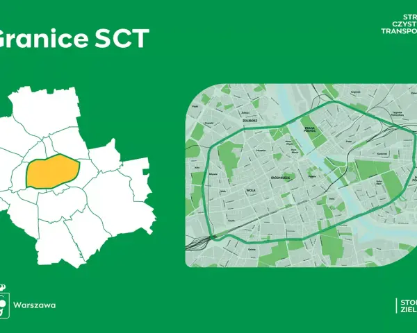 Granice SCT na mapie Warszawy. Zaznaczony obszar to strefy czystego transportu, które mają na celu poprawę jakości powietrza.