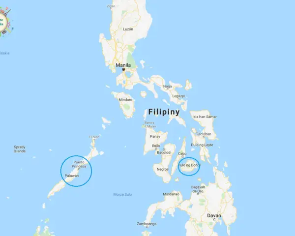 Mapa pokazuje, gdzie leżą Filipiny, z zaznaczonymi miastami jak Manila, Cebu i Palawan.