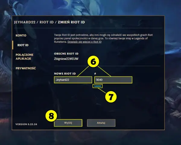 Interfejs zmiany Riot ID w grze, z polami na nowe ID i numer.