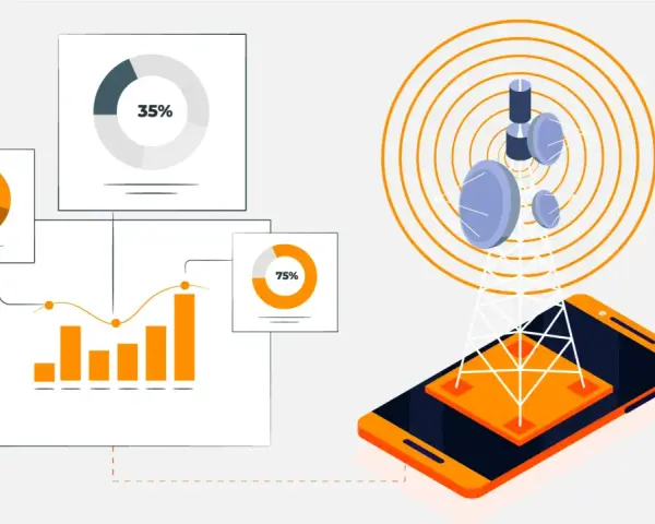 Data charts and graphs illustrate network optimization in telecom, showing signal strength from a tower to a smartphone.