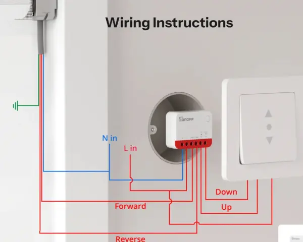 Schaltplan: So machen Sie Ihre Funkmarkise smart mit einem Sonoff-Schalter. Kabel für Auf, Ab und Strom sind zu sehen.