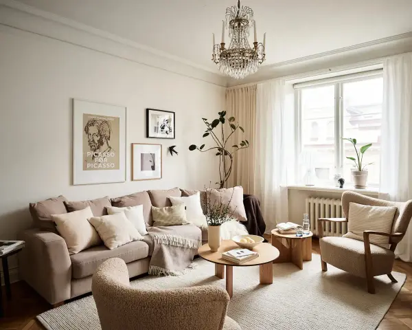 Sala de estar con sofá beige, sillón de borrego, mesas de madera y decoración en tonos neutros.