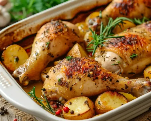 Muslos de pollo asados con patatas y romero. Una deliciosa receta para disfrutar en familia.