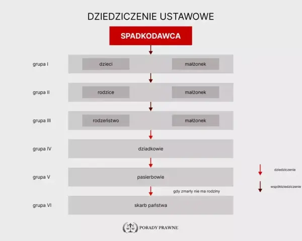 Schemat dziedziczenia ustawowego: od spadkodawcy przez dzieci, rodziców, rodzeństwo, dziadków, pasierbów aż do skarbu państwa.