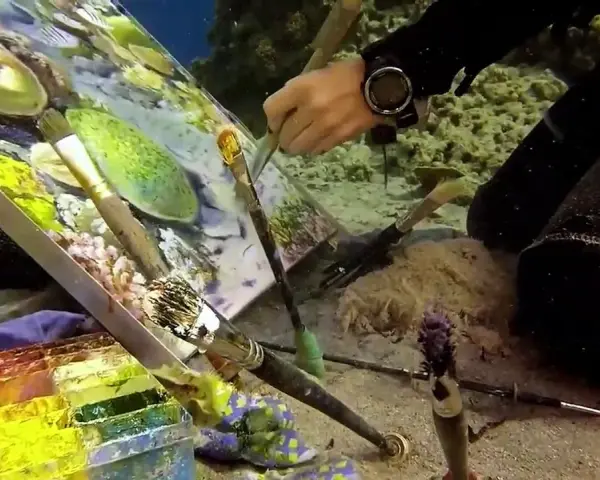 Un artiste crée une peinture sous l'eau, entouré de coraux et de poissons. Pinceaux, palette et toile sont immergés pour cette œuvre unique.
