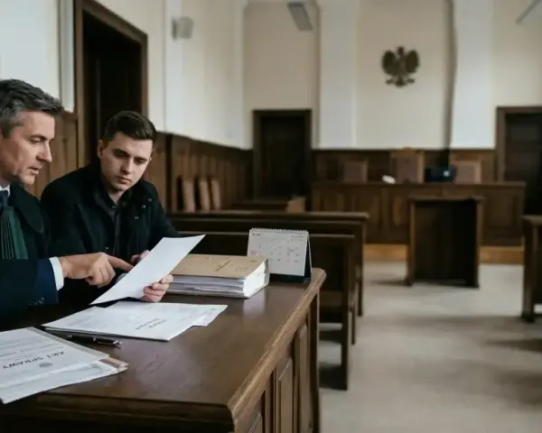 Prawnik w todze omawia dokumenty z klientem w sali sądowej. Czy do apelacji potrzebny jest adwokat? Tak, często jest niezbędny.