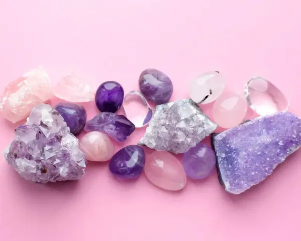 Cristales de amatista, cuarzo rosa y transparente sobre fondo rosa. El jade blanco significado se asocia a la pureza y la serenidad.