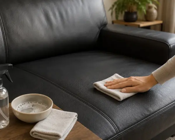 Nettoyer simili cuir bicarbonate : une main essuie un canapé noir avec un chiffon. Un spray et un bol de mousse sont à proximité.