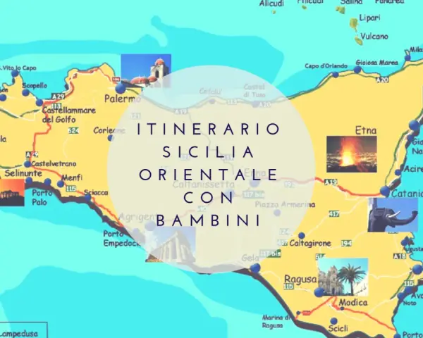 Mappa della Sicilia orientale con itinerario per bambini, che include Catania, Etna, Taormina e Siracusa.