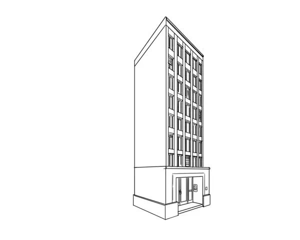 Un dessin noir et blanc facile d'un immeuble moderne avec de nombreuses fenêtres. L'entrée est visible avec des portes vitrées.