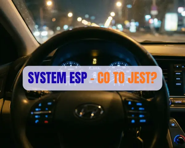 Widok na deskę rozdzielczą samochodu nocą. Na ekranie świeci się kontrolka ESP, a na kierownicy napis "SYSTEM ESP - CO TO JEST?".