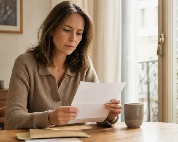 Femme soucieuse lisant une lettre, peut-être une relance pour 1 mois de loyer impayé. Une tasse de café à côté.