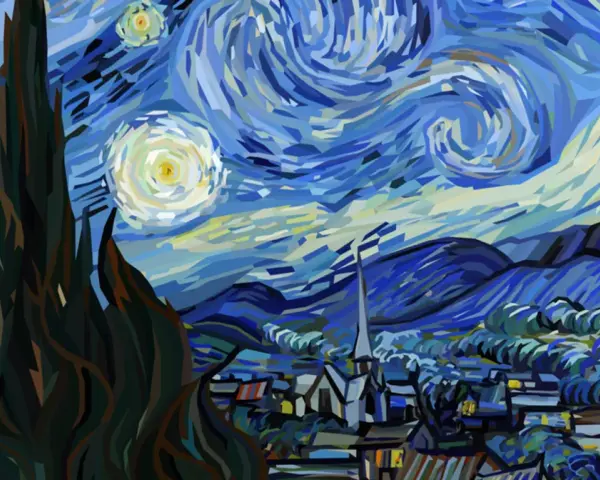 Gwiazda nocna Van Gogha, jeden z jego najsłynniejszych obrazów, ukazuje wirujące niebo nad spokojną wioską.