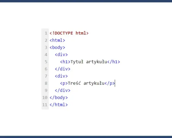 Fragment kodu br html z podstawową strukturą strony: nagłówek h1 i akapit p wewnątrz div.