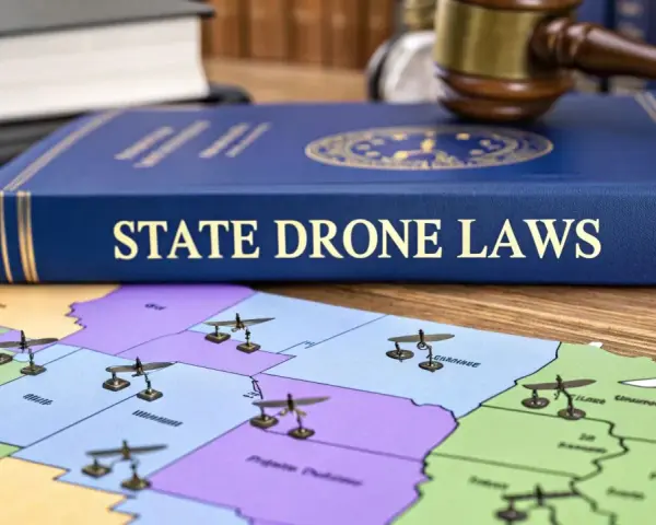 A book titled "State Drone Laws" sits on a map of the US, with miniature drones placed on various states, symbolizing drone regulations across the country, including Iowa.