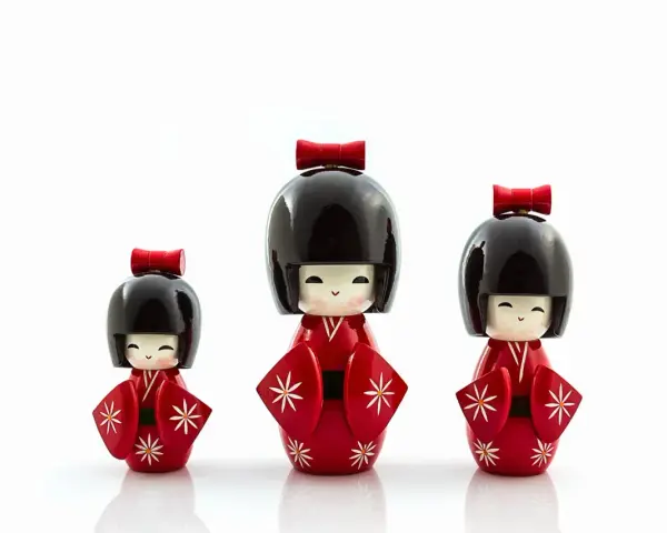 Trzy urocze lalki kokeshi w czerwonych kimonach z białymi wzorami. Idealny pomysł, co przywieźć z Japonii jako pamiątkę.