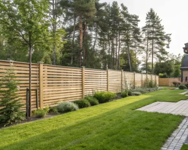 En vacker trädgård med en modern träribbstaket som ramar in gräsmattan och buskar.