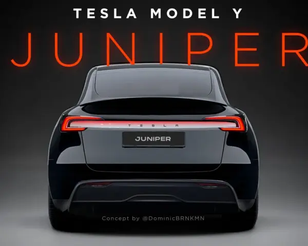 Tył czarnego Tesli Model Y Juniper z zapalonymi światłami.