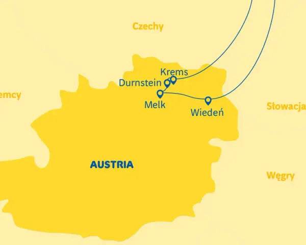 Mapa Austrii z zaznaczonymi miastami: Wiedeń, Melk, Durnstein, Krems. Planujesz podróż? Sprawdź, co zobaczyć w Dolinie Wachau!