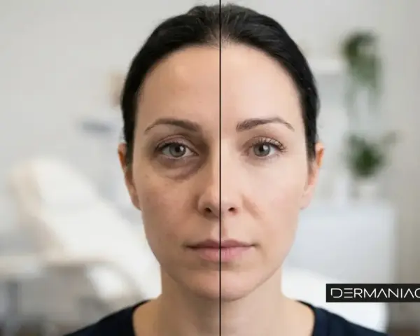 Comparativa antes y después de un relleno de ojeras. La imagen muestra el lado izquierdo con ojeras marcadas y el derecho con la piel visiblemente más lisa y luminosa.