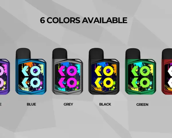 Seis colores vibrantes de Caliburn Koko, cada uno con un diseño de salpicaduras de pintura y el logo KOKO.