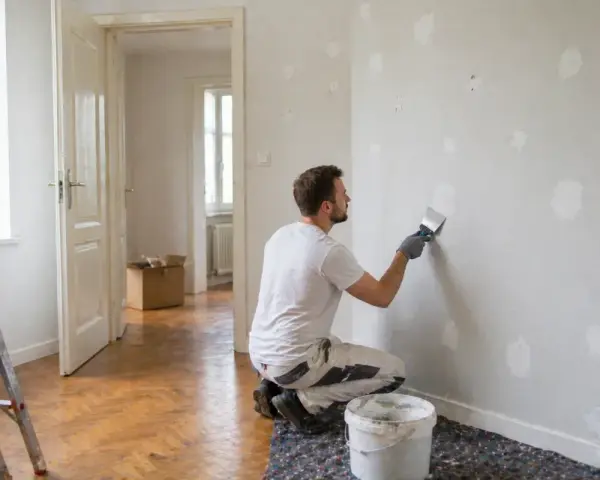 Mann spachtelt Wandlöcher, um den Mietvertrag bei Auszug zu erfüllen. Leiter und Farbeimer stehen bereit.