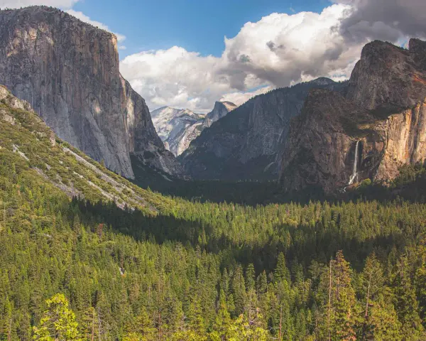 Majestatyczne klify i wodospad w **parku narodowym Yosemite**, otoczone gęstym lasem iglastym.