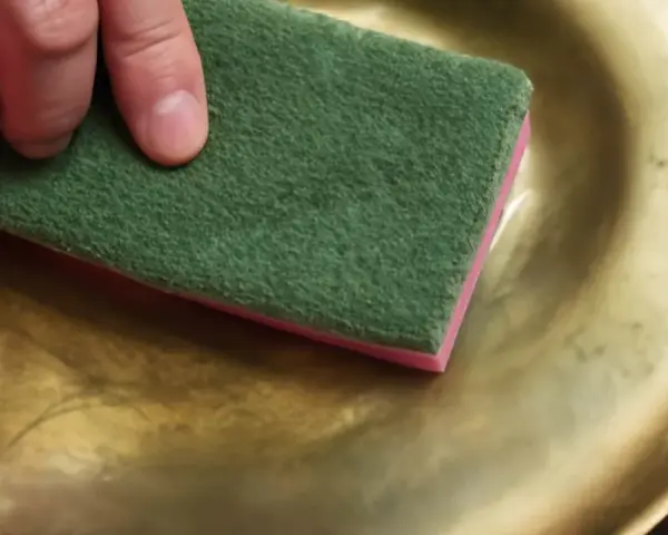 Mano che pulisce un piatto d'ottone con una spugna verde. Scopri come pulire l'ottone fai da te per farlo brillare.
