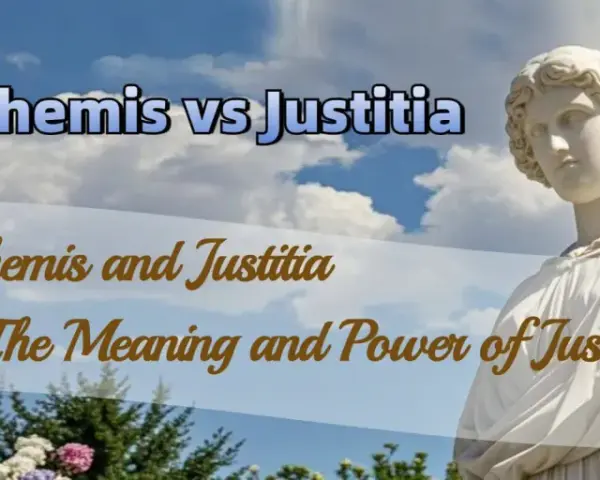 Dwie rzeźby bogini sprawiedliwości, Themis i Justitii, porównane na tle nieba.