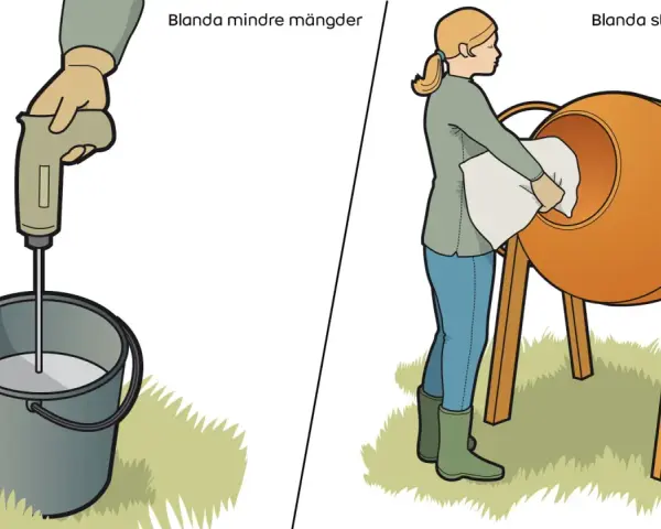 En person blandar betong i en hink med en blandare. En annan person lägger material i en betongblandare för att blanda större mängder.
